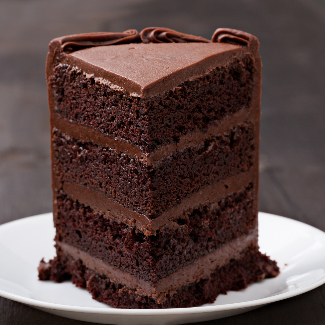 slice of chocolate cake made using the best premium, organic and vegan friendly ingredient in our signature cake mix