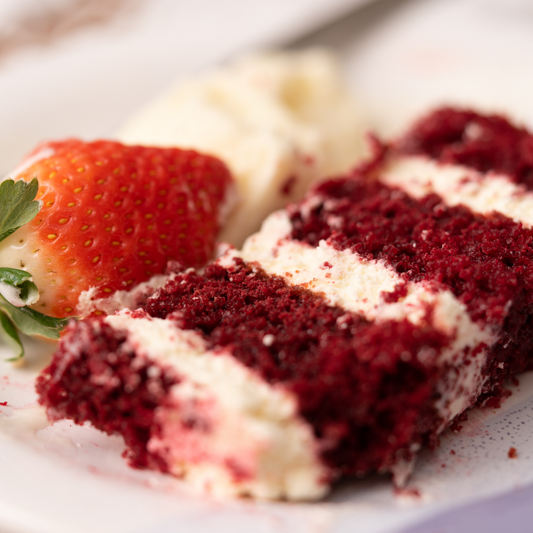 slice of red velvet cake made using the best premium, organic ingredient in our signature cake mix